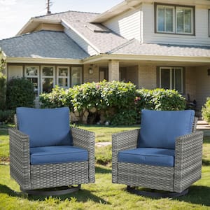 5-Piece Gray Wicker Fire Pit Conversation Set with Olefin Blue Cushions and Rectangle Fire Pit Table