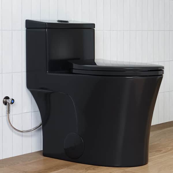 HOROW 1-Piece 0.8/1.28 GPF Dual Flush Elongated Toilet in Matte Black with Soft-Close Seat Included