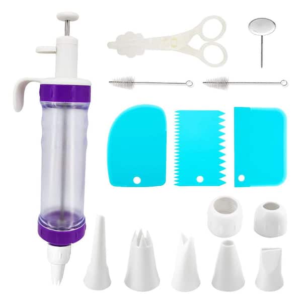 15-Piece Cake Decorating Tools Set w/ Syringe, Nozzles, Scrapers, Brush, Flower Nail, and Scissors for Baking and Pastry