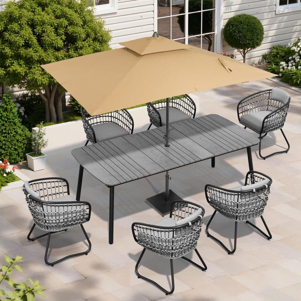 9-Piece 82 in. Gray Rectangle Curved Aluminum Wood-Like Patio Outdoor Dining Set with Umbrella, Base and Gray Cushions price history on PriceWatchPro