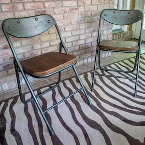 Vintage Charcoal and Oak Metal and Wood Folding Dining Chair (Set of 2)