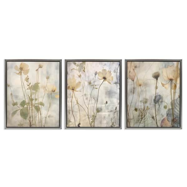 Stupell Industries Soft Blooming Botanicals by Lettered and Lined 3 Pieces Gray Floater Frame Nature Graphic Art Print 21 in. x 17 in.