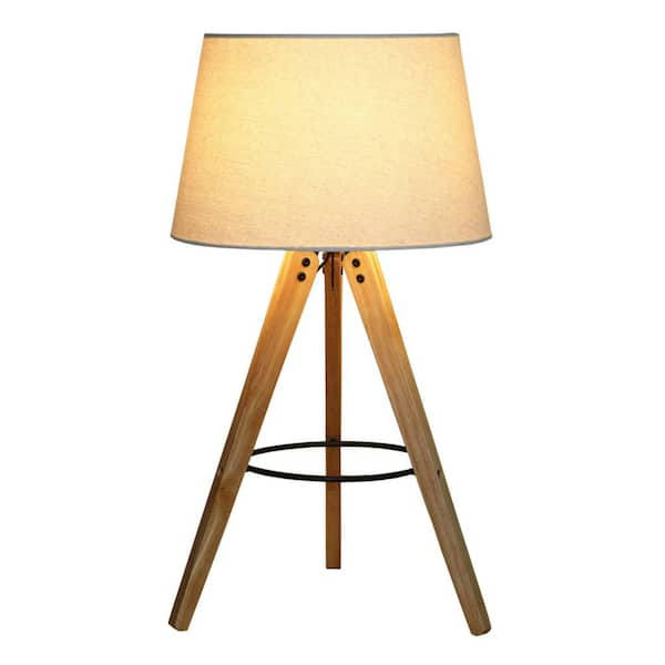 Jushua 23 in. Modern Birch Three Legged Wooden Bar Desk Lamp with Cylinder Shade Task and Reading, Natural