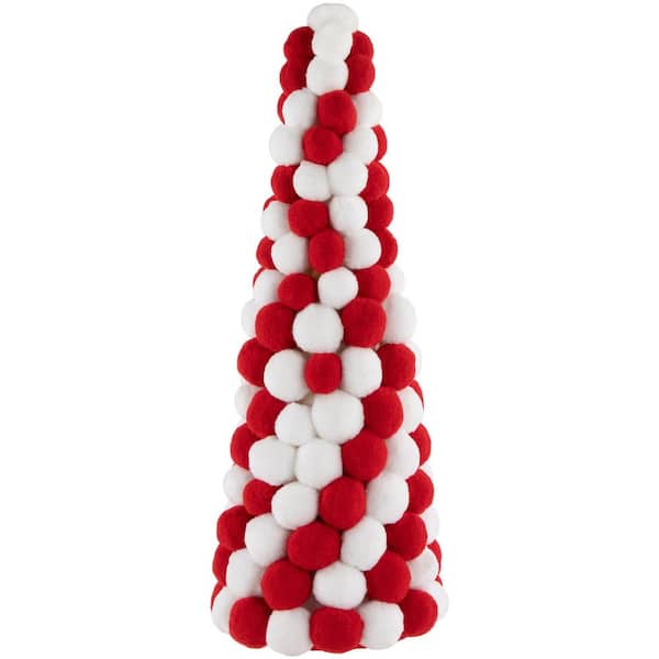 Candy Cane Plush PomPom Christmas Tree Decoration - 15 in. Red and White