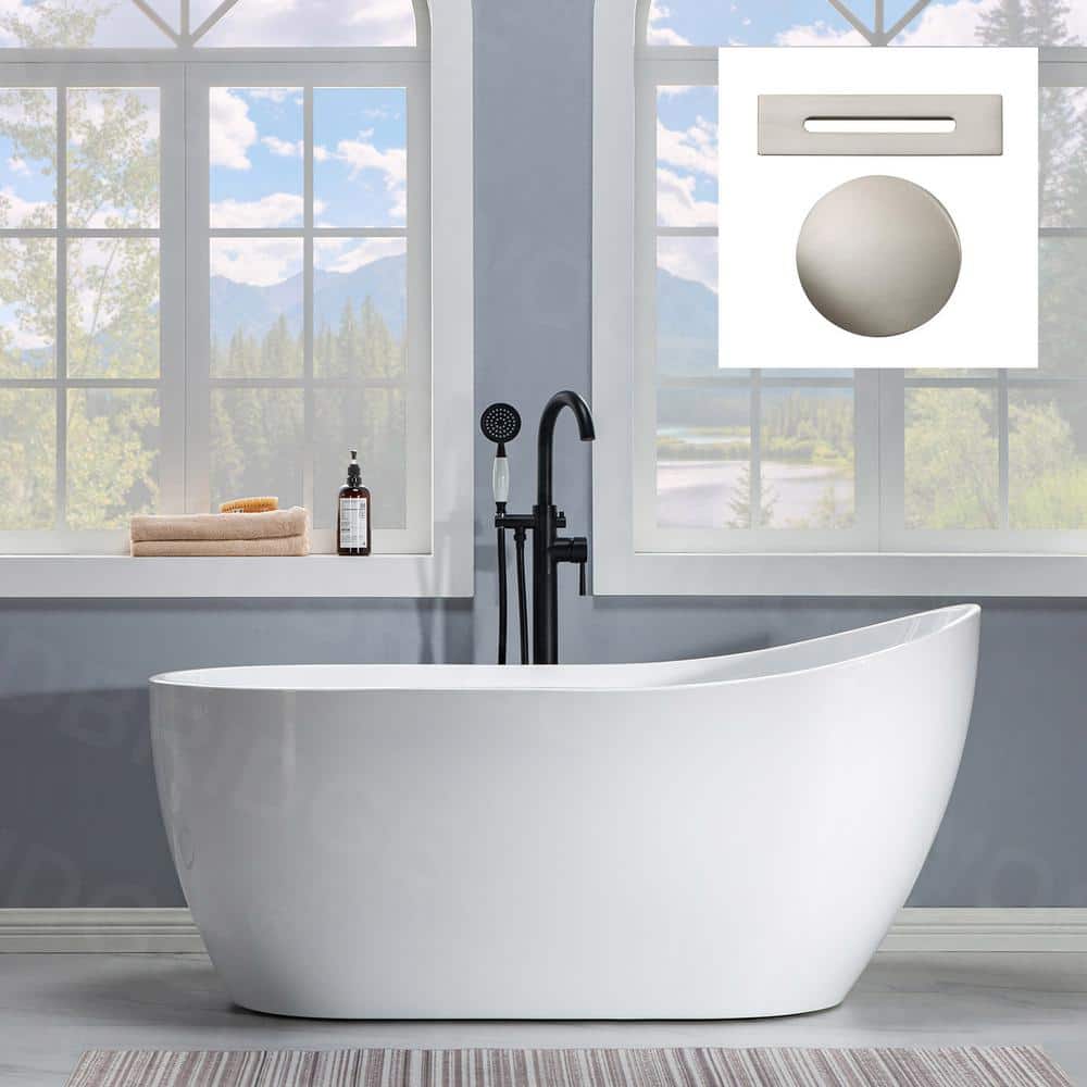 59" White Acrylic Freestanding Single Slipper Bathtub with Brushed Nickel Trim