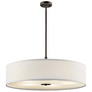 5-Light Olde Bronze Transitional Shaded Kitchen Drum Pendant Hanging Light with Fabric Shade