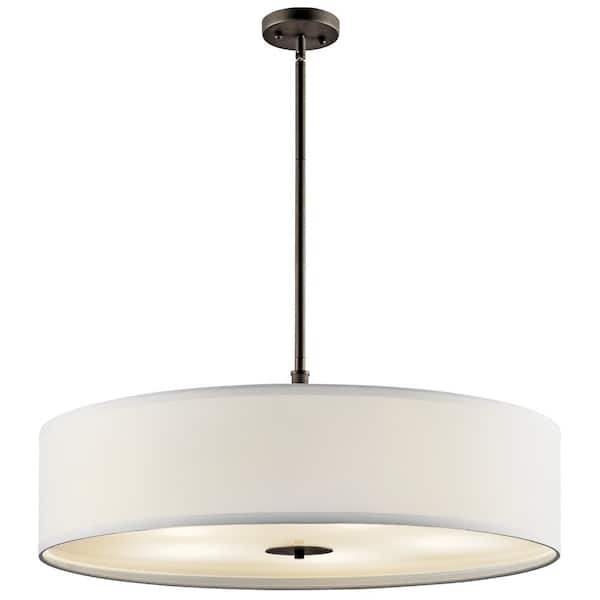 5-Light Olde Bronze Transitional Shaded Kitchen Drum Pendant Hanging Light with Fabric Shade