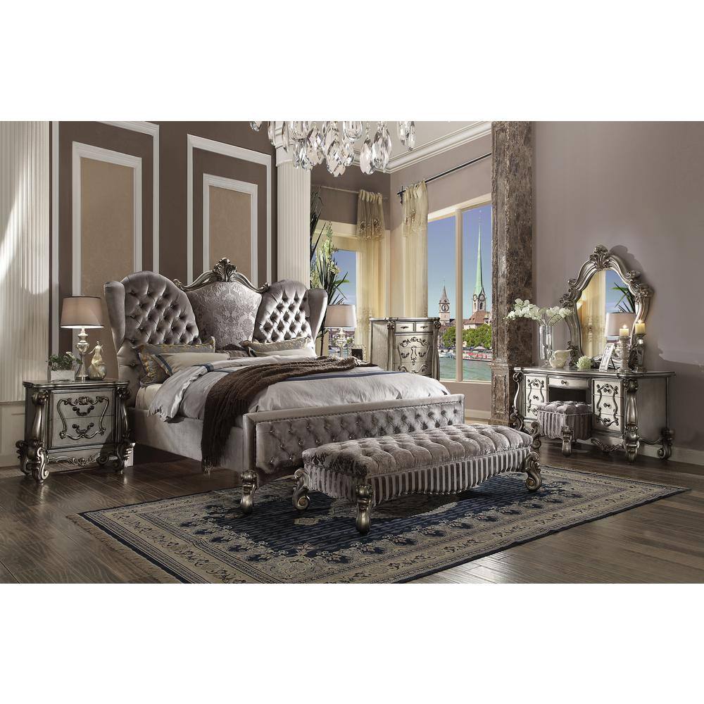 Gray Velvet Upholstered Queen Bed with Nailhead Trim