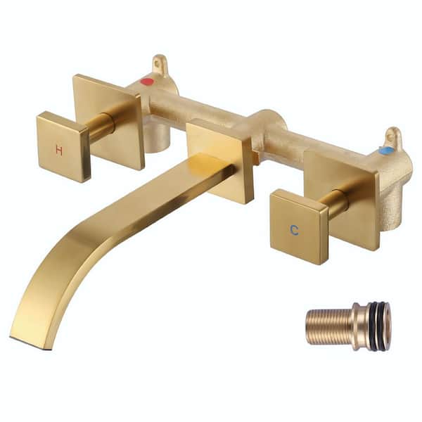 IVIGA Double Handle 3 Holes Wall Mounted Brass Waterfall Bathroom Sink Faucet and Rough-in Valve Included in Bruhsed Gold