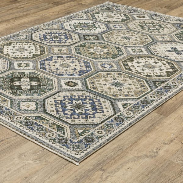 Hunter Ivory/Blue 8 ft. x 11 ft. Persian Geometric Medallion Polyester Fringe-Edge Indoor Area Rug