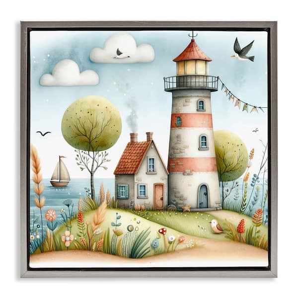 Stupell Industries Nautical Lighthouse Whimsy by LSR Design Studio Gray Floater Frame Coastal Graphic Art Print 25 in. x 25 in.
