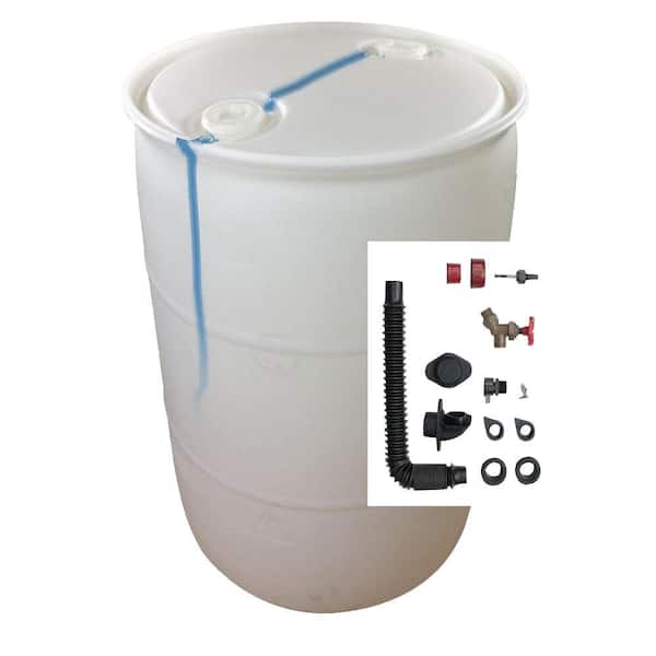 EarthMinded DIY Rain Barrel Bundle with Diverter System 55 gallon Blemished Natural White Plastic Drum