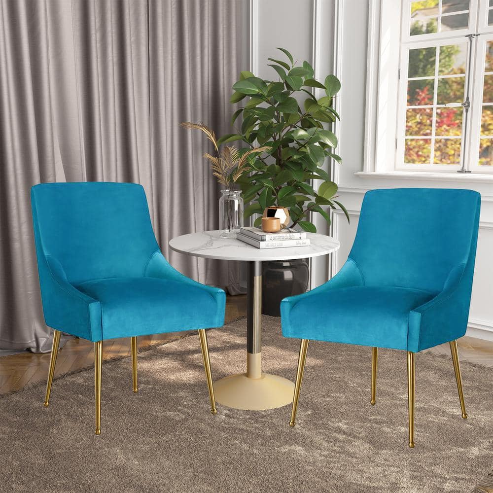 Light Blue Velvet Dining Chair with Pulling Handle and Adjustable Foot Nail