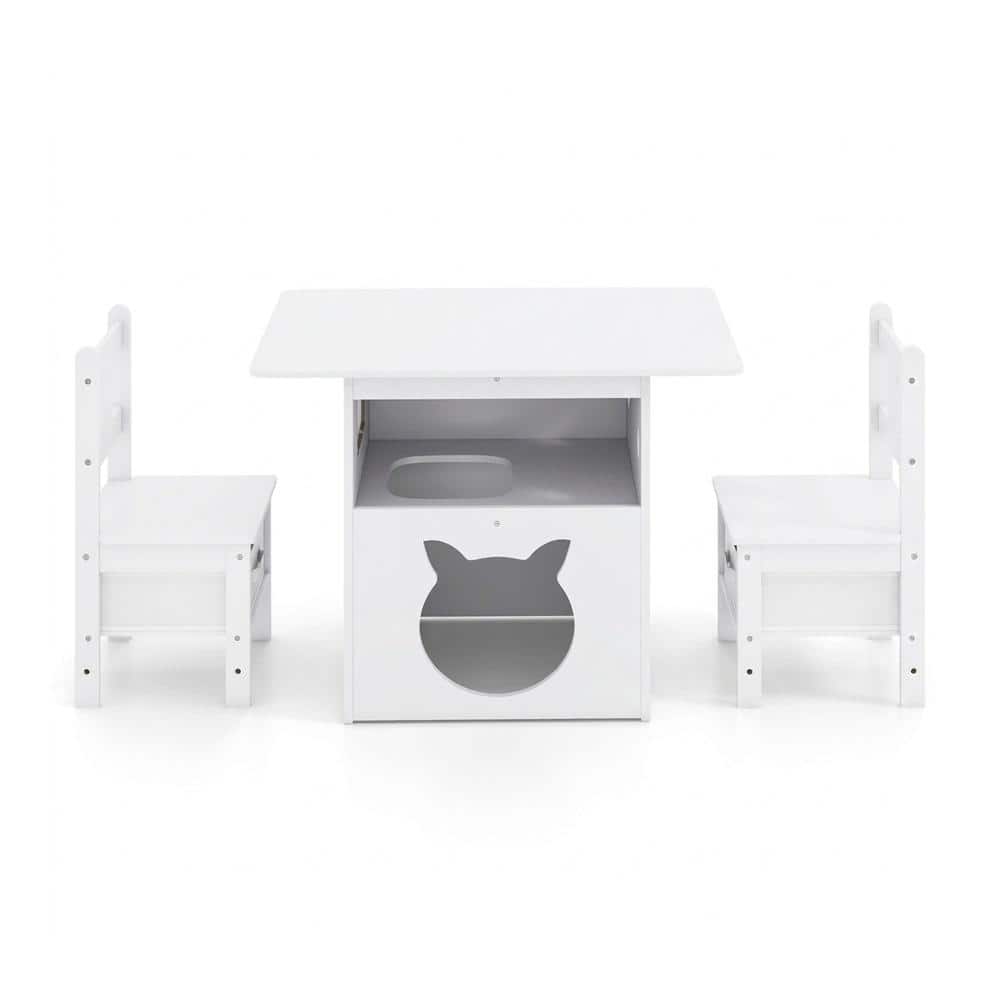 Kids Table and Chairs Set 3 Pieces Wooden Children Furniture with Cat House-White price history on PriceWatchPro
