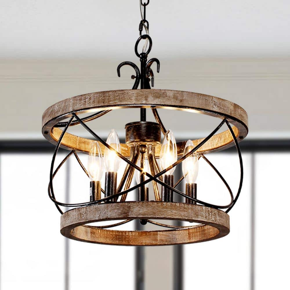 Oaks Aura Torres 5-Light Farmhouse Weathered Wood Cage Rustic ...