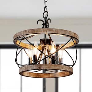 Torres 5-Light Farmhouse Weathered Wood Cage Rustic Chandelier, Adjustable Industrial Pendant Light for Dining Room