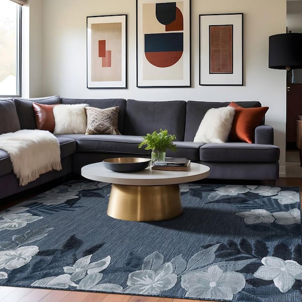 Eden 10 ft. x 14 ft. Navy  Washable Border Floral Indoor Outdoor Area Rug