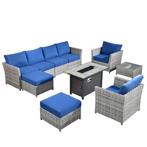 Eufaula Gray 10-Piece Wicker Modern Outdoor Patio Conversation Sofa Set with a Steel Fire Pit and Navy Blue Cushions