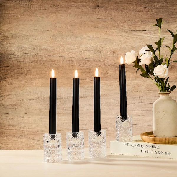 LUMABASE Black Battery Operated 3D Wick Flame Taper Candles (Set