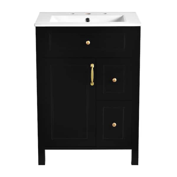 24 in. Single Sink Freestanding Black Bath Vanity with White Ceramic Top, Double Storage Racks