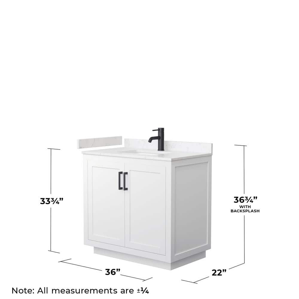 Miranda 36" White Marble and Wood Bathroom Vanity with Matte Black Trim