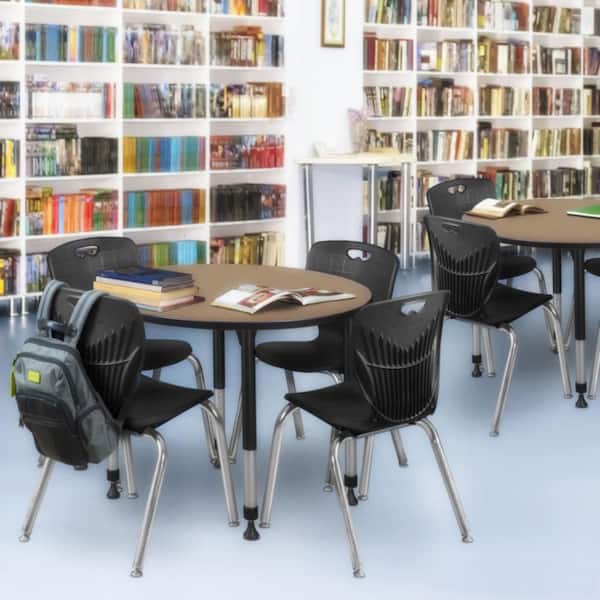 Kee 42 in. Round Noble Oak Adjustable Classroom Table Desk with Black Base and 4 Andy 18 in. Black Stack Chairs