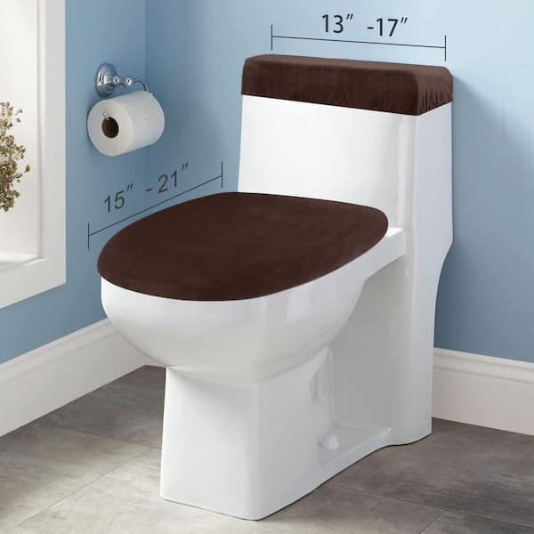 Stretch Velvet U-Shape Toilet Lid Cover and Toilet Tank Lid Cover in Brown with Elastic Bottom for Bathroom