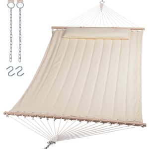 12 ft. to 15 ft. Quilted Double 2-Person Hammock with Hardwood Spreader Bar and Pillow in Beige