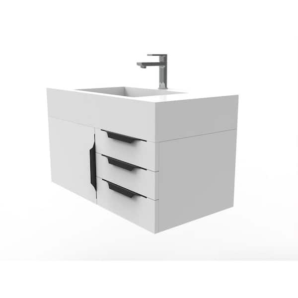 castellousa Nile 36 in. W x 19 in. D x 20 in. H Bath Vanity in Matte White with Black Trim and White Solid Surface Top