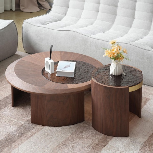 35.43 in. Round Brown Glass Coffee Table with 2-Pieces