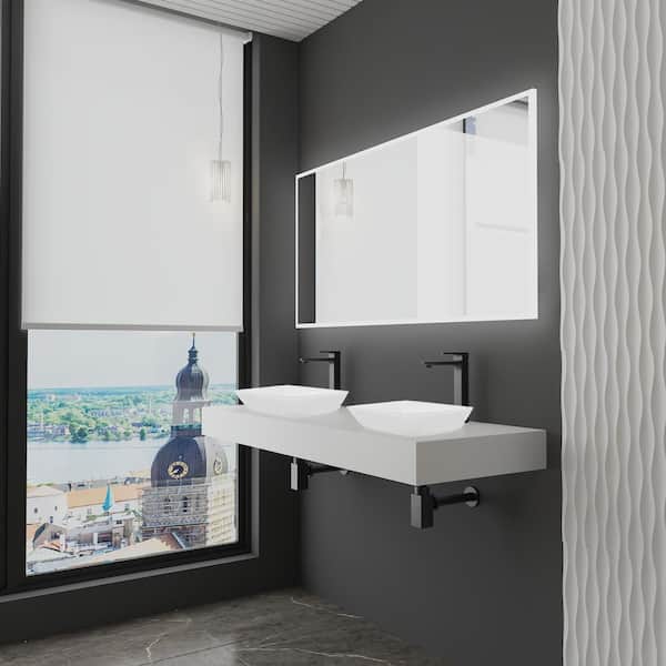 60 in. Wall Mounted Bathroom Countertop Shelf in White Solid Surface with 2 Clear Square Glass Vessel Sink