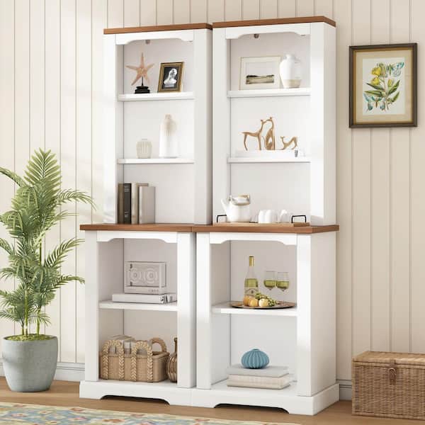 Rivora Modern 66.1 in. Tall White + Walnut Finish Wood 3 Shelves Open Storage Accent Standard Bookcase, Set of 2
