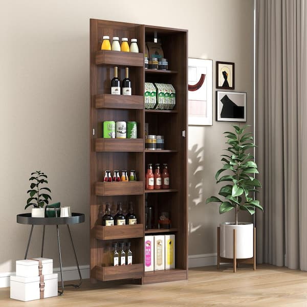 Analiese 70.87 in. H Walnut Wood Pantry Storage Cabinet with 5 Shelves