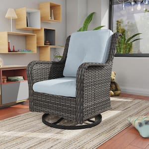Wicker Outdoor Patio Swivel Rocking Chair with Baby Blue Cushions (1-Pack)