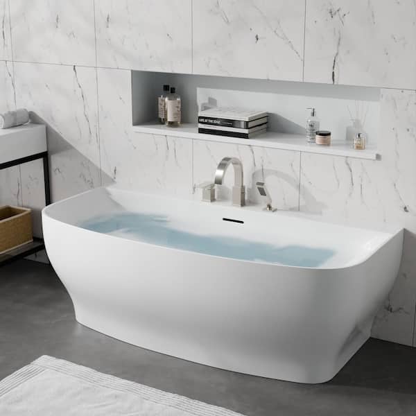 Bank Series 65 in. x 31 in. Flat Bottom Acrylic Freestanding Soaking Bathtub with Center Drain, Brushed Nickel Faucet