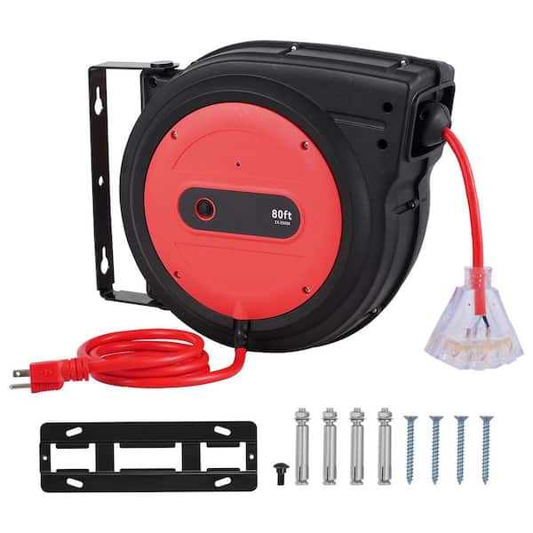 Retractable Extension Cord Reel 80ft. Heavy Duty 12 / 3 15 Amp SJTOW Extension Cord Reel with Lighted Triple Tap Outlet