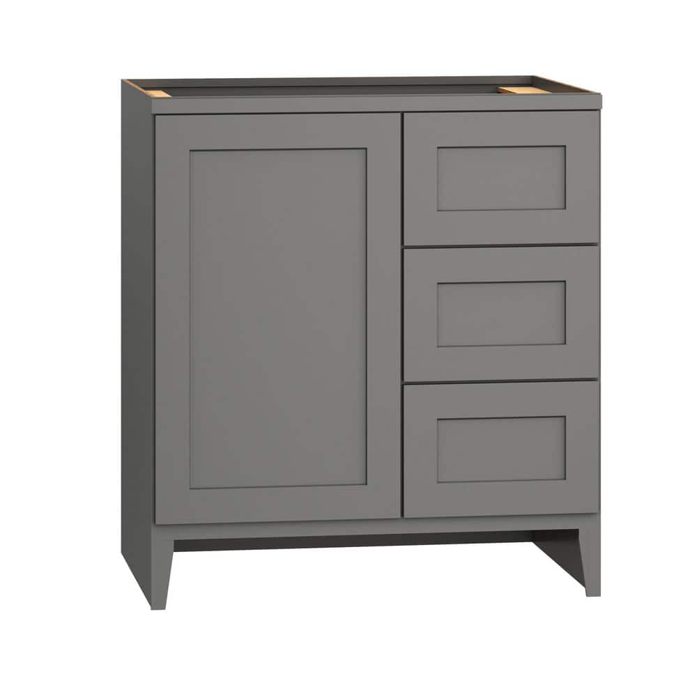QuickShip Cottage 30 in. W x 21 in. D x 34.5 in. H Assembled Bath Sink Base Cabinet in Fossil with 3-Drawers (Right)
