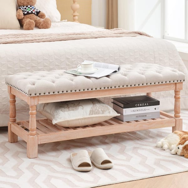 JEAREY Beige Linen Upholstered Storage Nailhead Trim Bedroom Bench with Solid Wood Legs