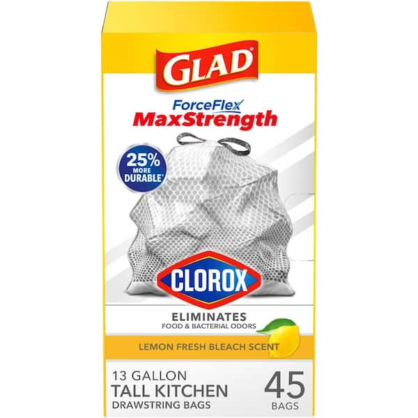 Glad ForceFlex MaxStrength 13 Gal. Lemon Fresh Bleach Scent Grey Kitchen Drawstring Trash Bags with Clorox (45-Count)