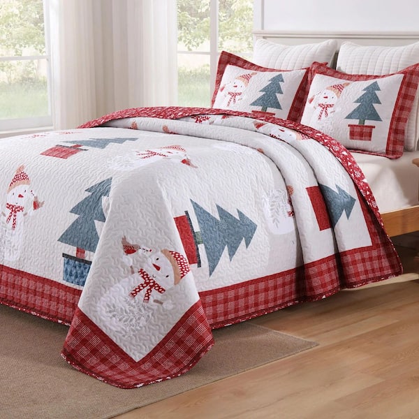 BY217 3 Pieces Red Snowman and Tree Christmas King Size Polyester Quilt Reversible Holiday Bedspread Set