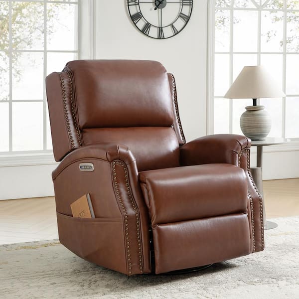 JAYDEN CREATION Joachim Brown 34.5 in. Traditional Genuine Leather Power Swivel Glider Recliner