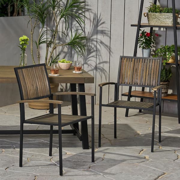 Unbranded Wood, Metal Outdoor Dining Chairs, 2 PAC, Modern Industrial Acacia Wood Patio Chairs with Powder Frame, Vertical Slats