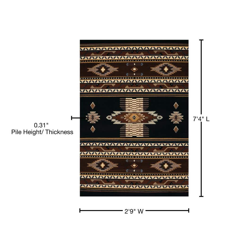 Black and Brown Southwestern Synthetic Runner Rug, 2' x 8'