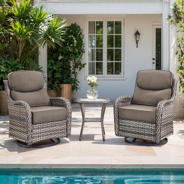 6 in Thicken Gray 3-Pieces Outdoor Patio Conversation Rocking Chair Swivel Glide with Table and Gray Cushions
