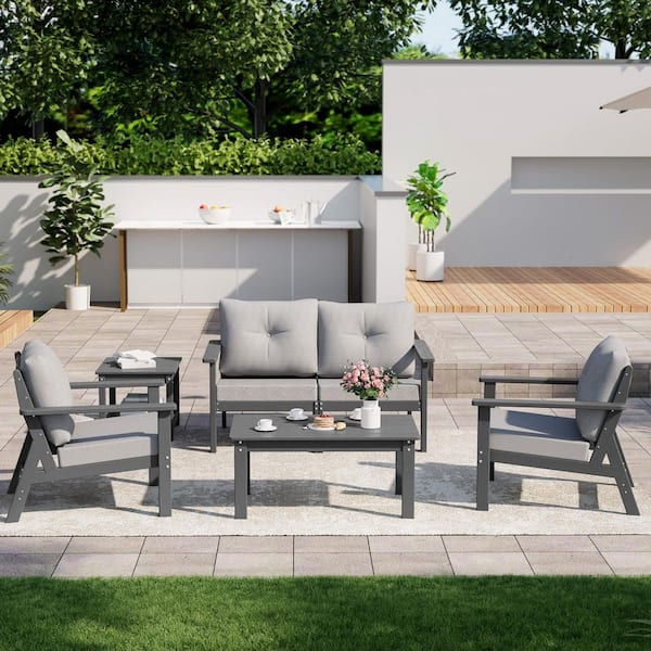 6-Piece HDPE Patio Conversation Seating Set with Cushions, Gray Frame