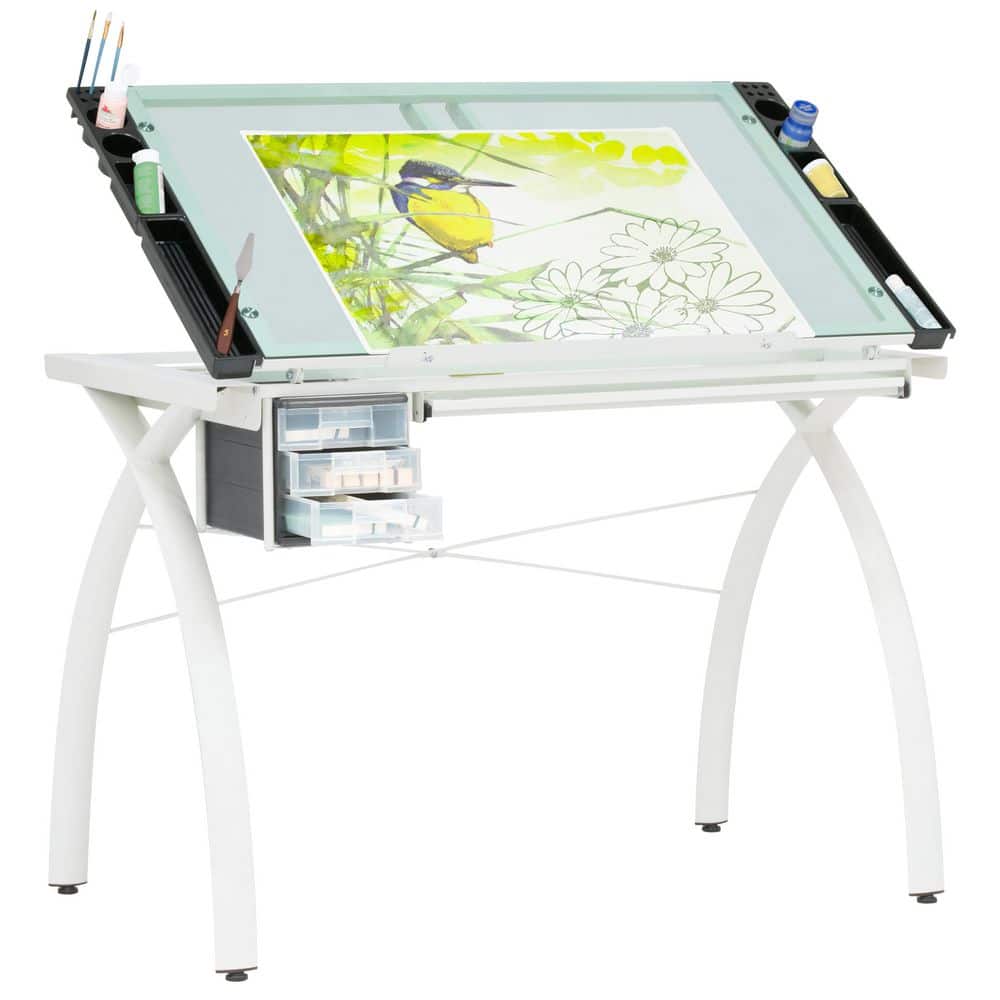 Futura Craft Station 38 in. W Matte Ivory / Sea Green Glass Metal, Craft Table with Storage and Angle Adjustable Top