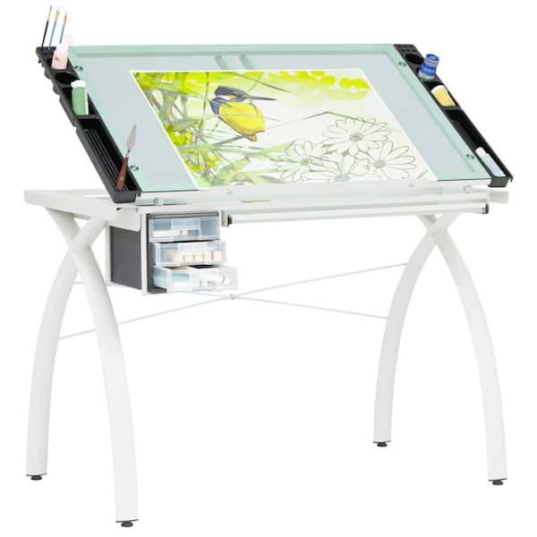 Futura Craft Station 38 in. W Matte Ivory / Sea Green Glass Metal, Craft Table with Storage and Angle Adjustable Top