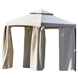 11 ft. x 11 ft. Outdoor Beige Patio Hexagon Gazebo with Polyester Curtain Side Wall, Double Roofs