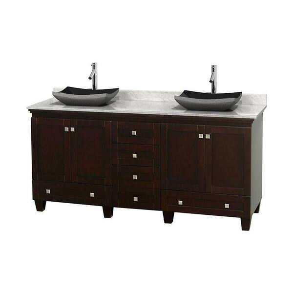 Wyndham Collection Acclaim 72 in. W Double Vanity in Espresso with Marble Vanity Top in Carrara White and Black Sinks