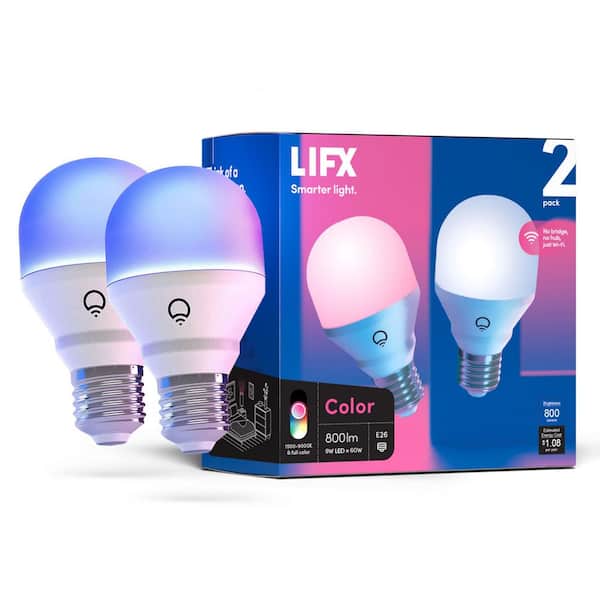 60-Watt Equivalent A19 Multi-Color Smart WiFi E26 LED Light Bulb, Works w/Alexa/Hey Google/HomeKit Tunable White 2 Pack